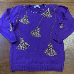 SOLD- Vintage Royal Purple Tassel Bedazzled Sweater